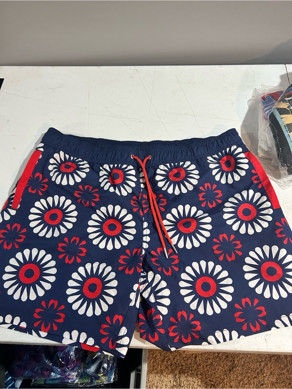 Men's Navy Floral Swim Board Shorts with Red & White Pattern. phish donuts